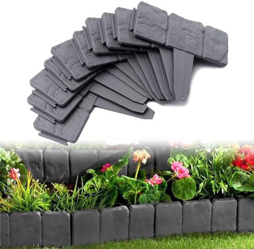 JOIEYOU Beeteinfassung Rasenkante, 7.5 M Kunstoff Steinoptik Raseneinfassung, Flexibler PP Beetumrandungen für Blumen, Gartenzaun decorativ, 30 Stücke, Anthrazit