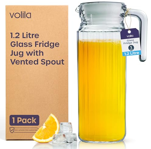 Fridge Jug 1L Glass Water Jug with Lid (1 Pack) - Clear Water Pitcher with Ribbed Glass Design & Handle for Fridge Shelf & Everyday Use with Vented Spout - Juices, Pimms & Picnics