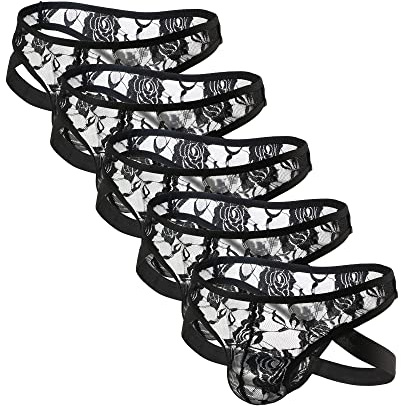 Tiwate Men's Jockstrap Lace Athletic Supporter Underwear Mesh Perspective Panties Briefs G-String Bulge T-Back Thong (Black 5PC,S)