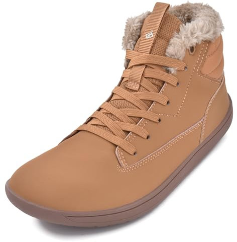 JACKSHIBO Winter Barfußschuhe Damen Warm Gefüttert Winterschuhe Wasserdicht Winterstiefel Winterboots Barfuss Schuhe Mit Weite Zehenbox Damen stiefel Nullabsatz Sohlen Schneestiefel Braun 39 EU