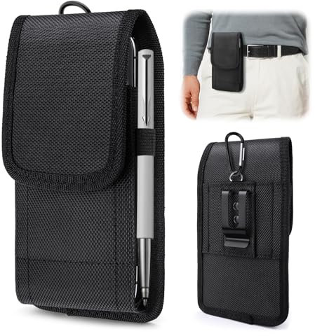 GlasFlength Porta Cellulare Da Cintura per Uomo, Nylon Portatelefono da Cinta con Clip e Moschettone Clip Verticale Marsupio Cintura da Telefono Compatibile con Telefoni da 5,7 a 6,3 Pollici (Nero)