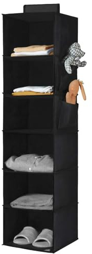 YOUDENOVA Hanging Closet Organizers 6 Shelves Hanging Shelves With Side Pockets Wardrobe Clothes Organizer Bedroom Storage Black