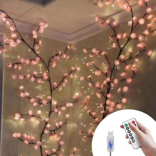 BomKra Kirschblüten Willow Vine Wand Deko - 180CM 96 LEDs Lichterkette Wanddeko mit Fernbedienung, 8 Modi, USB-Betriebene Timer, Weidenrebe Baum Lichter für Schlafzimmer Deko Weinachtsdekorationen