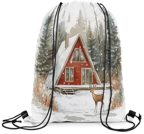 Tunnelzug Gymsack Niedliche Hirsch-Kiefer-Schneelandschaft Gymnastikbeutel wasserdichte Turnbeutel Erwachsene Klapprucksack, Für Strand, Yoga, 36x42cm