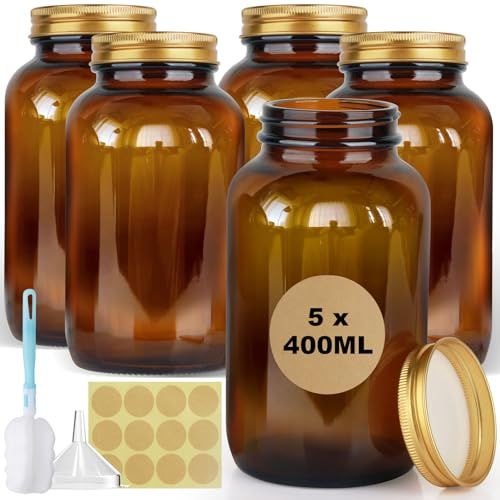 Nadisean Tarros de Cristal con Tapas Hermética Marrón, 5 x 400ml/13.5oz, ámbar Frascos de Vidrio Con Tapa Espiral, Botes de Cristal Grande con Cepillo Embudo Etiquetas, para Nueces Cereales Hierbas