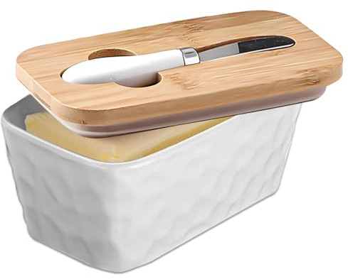 Butterdose mit Deckel aus Bambus, Keramik Butterdose mit Buttermesser | Multi-Funktion Butter Dish, Butter Box Dose, Butterglocke für 400ML Butter Aufbewahrung Dish für Haushalt und Küche(Weiß)