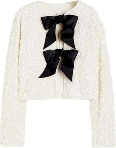 Suncadmious Veste courte à paillettes pour femme avec nœud Veste à paillettes à paillettes Veste courte à col rabattu pour soirée Club Veste ample grande taille Haut court à paillettes sexy