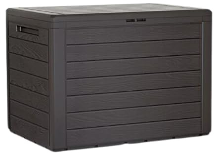 Garden Storage Box Plastic Organizer Wood Effect Outdoor Bench Large Deck Cusion Organizer Furniture Lid Container Woodebox (Umber, 190L)