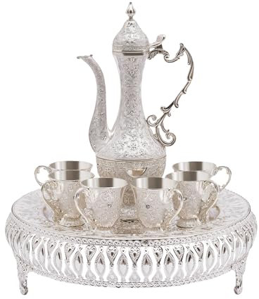 Juego de tetera turca vintage, juego de tetera con 6 tazas de café y bandeja de té, taza de café y tetera turca, juego de vasos de té turcos para fiestas de té en casa (plateado y blanco)