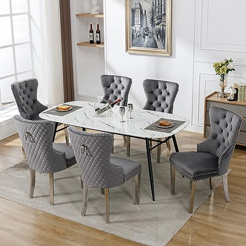 Merax Esszimmerstühle 6er-Set, Küchenstuhl Wohnzimmerstuhl Polsterstuhl Esstisch Stühle, Stützbeine aus Metall, mit einzigartigem Türklopfer auf der Rückseite, mit Samtbezug, Grau