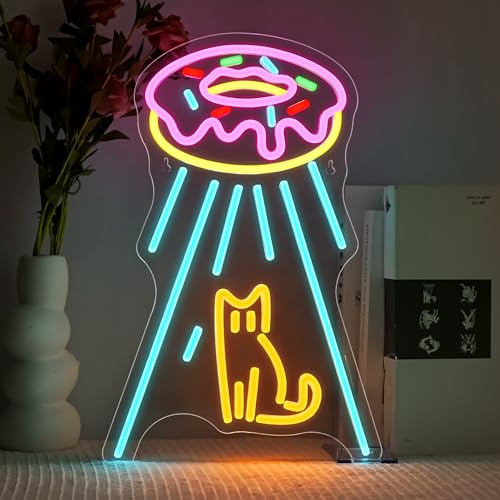 SIGNSHIP Donut rymdskepp katt neonskylt, katt LED-skylt dimbar för väggdekoration, krukor UFO rymdskepp katt LED neonskylt skylt ljus, för dessertbutik, kök, flickrum dekoration