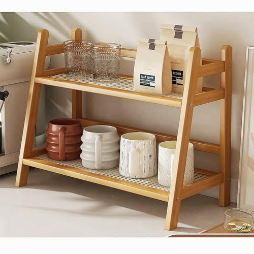CHEXIY Köksbord kryddställ, hushåll 2 nivåer mugg förvaring, skåp kaffekopp, mugg asfalthylla, enkel bambu blomhållare bokhylla (träfärg, stor)