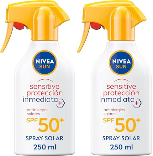 NIVEA SUN Sensitive Protección Inmediata Antialergias Solares FP50+ Spray (1 x 270 ml), spray solar resistente al agua, protector solar para piel sensible, pistola (Paquete de 2)