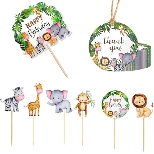 PYEUIFT 57 Stück Tortendeko Geburtstag, Wald Tiere Happy Birthday Kuchendeko, Jungle Safari Animal Cupcake Toppers Wild Jungle Animal Theme Birthday Party Supplies Feiern Party Events Baby Shower