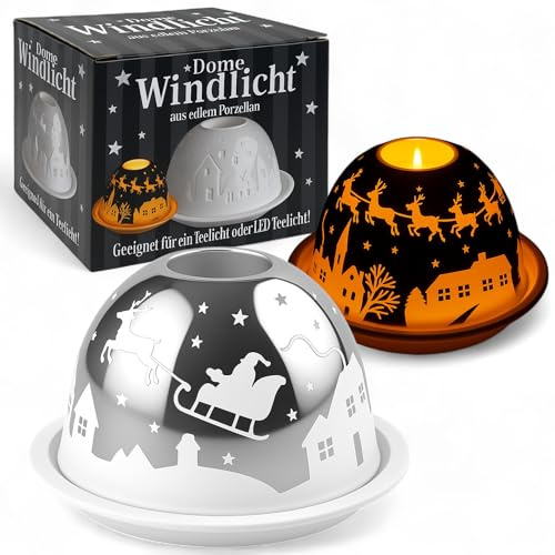 MIJOMA Windlicht Dome Silber Santa-Schlitten, Porzellan Teelichthalter 12 cm, Weihnachtsdeko mit 3D-Lichtspiel, Wintermotiv, stilvoll & festlich für Advent & Weihnachten