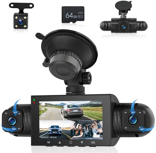 4 Canali Dashcam Auto 360°, 4 Telecamera HD 1080P Anteriore e Posteriore Sinistra Destra, 3 Pollici 1080P Dash Cam con 64 GB Carta 8 IR Visione Notturna/Loop video/24H Parcheggio Monitor/G-Sensore