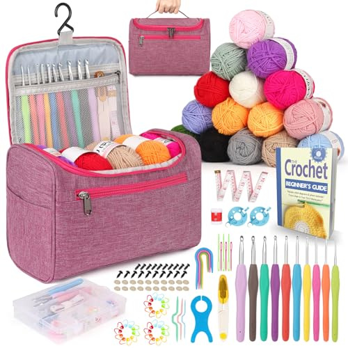 Reessy Crochet Kit, Crochet Kits for Beginners Adults include Instructions 10 Size Crochet Hooks 15Pcs×25g Yarn Storage Bag and Crochet Accessories, Complete Crochet Start Kit - Pink
