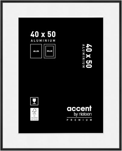 accent by nielsen Aluminium Bilderrahmen Accent Premium, 40x50 cm, Schwarz | Aluminium Posterrahmen mit Passepartout im Hoch- & Querformat zum Aufhängen Schwarz matt Echtglas Premium