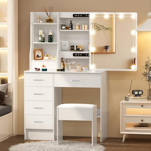 Teousev Toeletta da Trucco con Specchio Scorrevole e Sgabello, Scrivania Make Up Ampia con Luci Dimmerabili, 6 Cassetti e 6 Ripiani, 36×80×133 cm, Bianco, J72807
