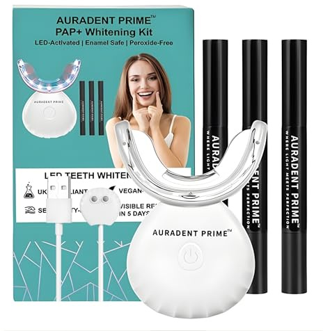 AURADENT PRIME Teeth Whitening Kit - 32 Lamp LED Light, Pap+ Peroxide Free Formula for Zero Sensitivity - 32 LED Wireless & Rechargeable | Fast Results in 5 Days | 3 Whitening Gels | UKCA Certified