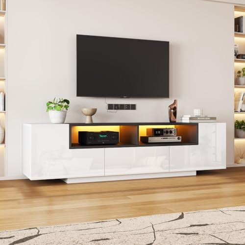 Sairedel TV-skåp 180 x 40 x 48 cm stativ TV-stativ Lowboard med LED-ljus, L-formade lådor, vardagsrumsskåp, vardagsrumsskåp, Po i glänsande vit, lämplig för 75 tum + svart