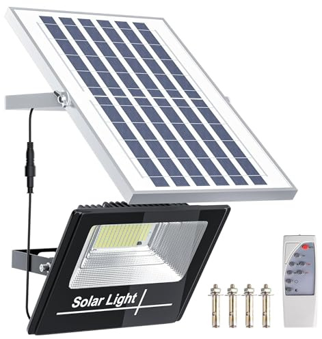 Faro a Led con Pannello Solare da Esterno IP67 impermeabile 1000W Luce Bianca 6500K SMD Ultra Luminoso con Telecomando Funzione Timer e Sensore Crepuscolare per Cortile, Giardino, Strada, Parcheggio
