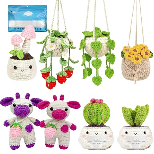 XJGQZ 8 Pcs Hanging Potted Plant Crochet Kit, Beginner Starter Set | Step-by-Step Instructions for Absolute Beginners; Relieves Stress and Boosts Focus; Ideal Handmade Gift for Holidays