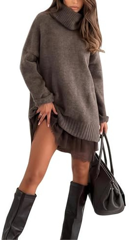 Generisch Vestido de cuello alto para mujer con ribete de encaje mini vestido de dos capas de punto suave elegante conjunto con vestido slip y vestido de punto, marrón, M