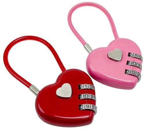 2-Pack Heart Combination Padlock, 3-Digit Password Zinc Alloy Cable Lock, Keyless Luggage Lock for Suitcase, Gym Locker, Backpack, Travel Bag and Outdoor Security