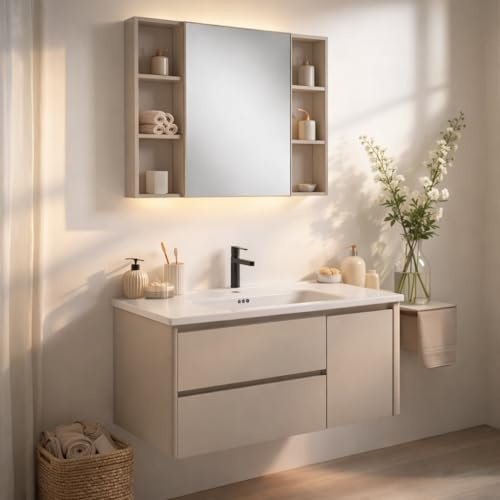 REDÒKASA Mobile Bagno Sospeso 100 cm GENZIANA in alluminio, con 2 cassetti e 1 anta, specchio contenitore a 1 anta, lavabo in ceramica (Cipria)