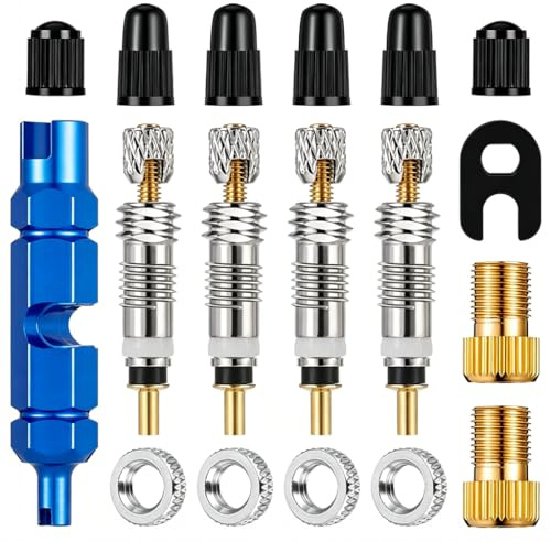 18 Pièces Kit Réparation Pneu avec Valve Tubeless, Démonte Obus Valve, Adaptateur Valve Velo et Presta, Bouchon Valve Velo, Outil Entretien Complet pour VTT, Voiture et Moto