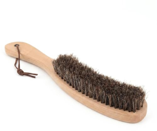 Clothes Brush for Pet Hair and Lint Remover, Beech Wood Handle Black Horsehair Bristle, Soft Velvet Upholstery Brush for Suit Cashmere Wool Silk Delicate Fabric Garment Care (Curved Handle)