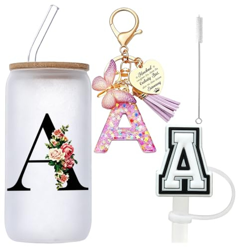 Vaso con Pajita Letras A-Z,Vasos con Tapa y Pajita de Cristal con Llavero Inicial,Regalos originales para mujer,500ml Vaso Cristal con Tapa y Pajitas,Taza Personalizada con Llavero Inicial RegaloMujer