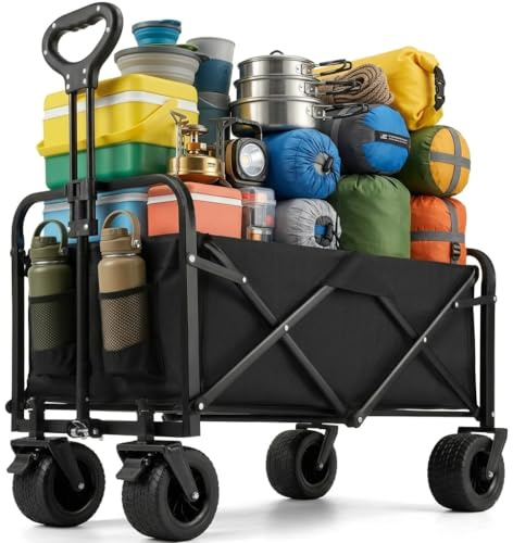 XXL Bollerwagen Faltbar 200L, 160kg Tragkraft, All-Terrain-Handwagen mit Bremsen, extra breite Räder, klappbarer Transportwagen für Strand, Garten & Camping, inkl. Getränkehalter & verstellbarem Griff