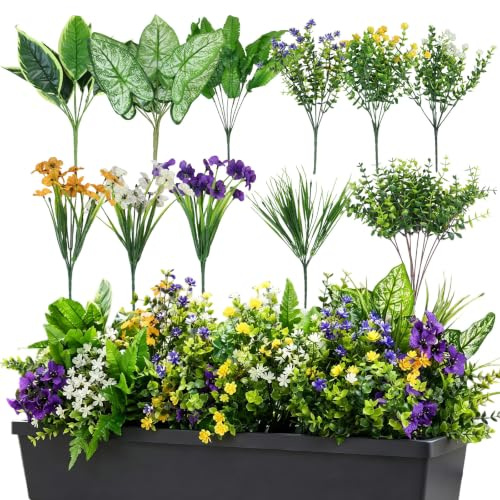 CECOMBINE 20PCS Artificial Plants Outdoor, Mixed Fake Flowers and Greenery Stems, Faux Plastic Plants with Boston Fern, Lavender and Green Leaves for Garden Planters
