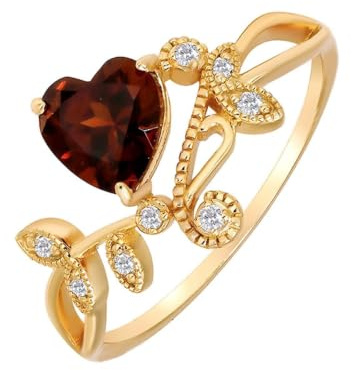 Echtes Solitärring Gelbgold 9K/14K/18K mit Herz Rot Granat, Herz Blatt