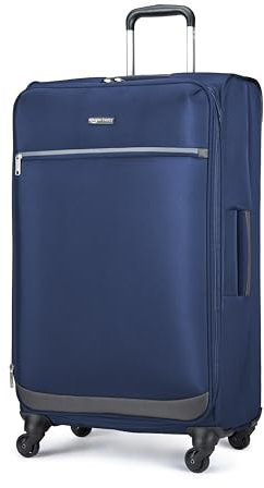 Amazon Basics Großer Softside-Koffer (76 cm), Mit 4 Multidirektionalen 360°-Spinnerrädern, Stauraum, Reißverschlusstasche und Riemen, Teleskopgriff, Marineblau