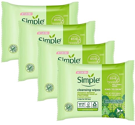 Simple Sensitive Skin Experts Kind To Skin Cleansing Facial Wipes, Waterproof Mascara Remover, Even Softer, 25 Count, (4 Pack)