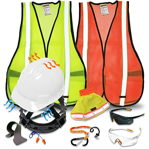 KwikSafety - Charlotte, NC - Turtle Shell Vest KIT [10 Vents] Standard Cap ANSI Hard Hat, Safety Glasses, Vests, Tool Lanyard, Sunshade, Sweatband, Earplugs Construction Gear, Type1, Class C/White