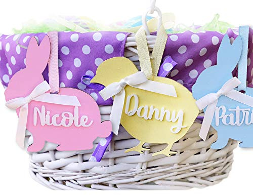 Easter-By-Stocking-Factory Personalized Easter Bunny or Chick Name Tag, Wooden Ornament, Blue, Pink, Yellow, 4.5*4*0.1875 inches, 1 Count