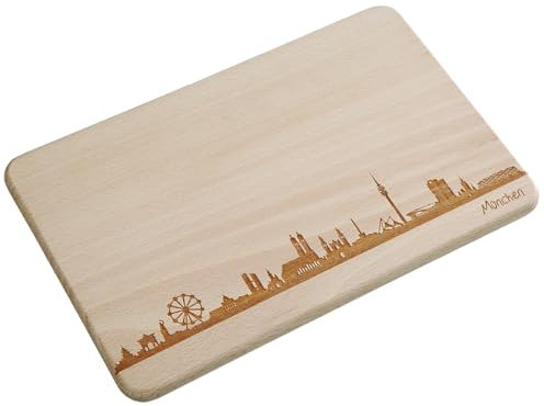 Brotzeitbrett mit München Skyline – Frühstücksbrettchen aus Buchenholz – Lasergravur Motiv Bayern – Schneidbrett 22 x 14 cm – Geschenkidee ohne Gravurtext