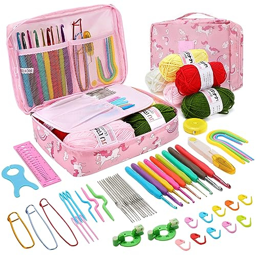 Luckits 59 kit all'uncinetto di PC per principianti, set di ganci all'uncinetto con custodia include 5 palline di filato all'uncinetto 21 ganci all'uncinetto, 6 aghi e più accessori all'uncinetto