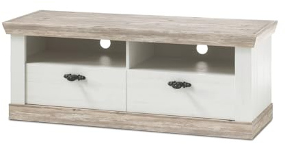 Furn.Design TV-Lowboard in weiß und Oslo Pinie Landhaus TV-Unterteil Fernsehtisch Fernseherunterschrank TV-Board Landhaus Stil 134 x 51 cm Rovola (Lowboard 1)