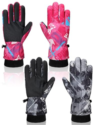 Geyoga 2 Pairs Kids Ski Gloves Waterproof Winter Mittens Warm Gloves Snow Mittens for Children(Black and Rose Red,5-10 Years)
