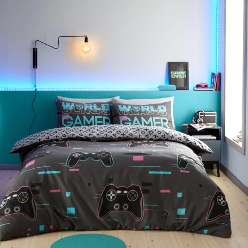 LIZZIE JACOBS World Class Gamer Duvet Cover Set Printed Easy Care Bed Linen Soft Quilt Covers Sets Reversible Bedding Sets With Pillowcases (Double)