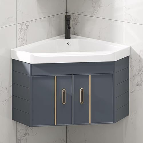 Eckwaschbecken-Kombination für Badezimmer, wandmontierter Badezimmerwaschtischschrank, Eckwaschbecken aus Keramik, mit Wasserhahn und Abfluss, für kleine Räume, wandmontiertes Schrankset-Design (