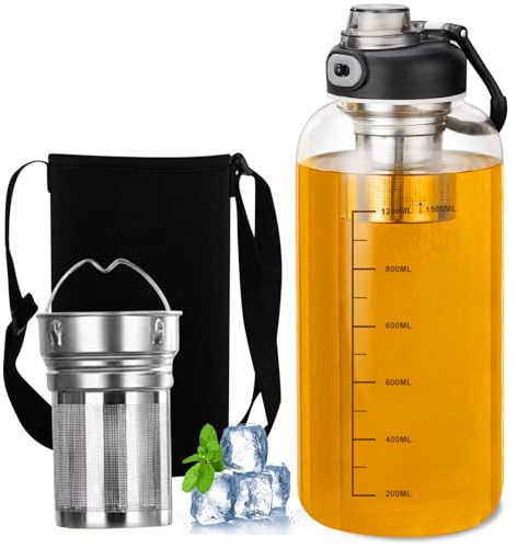 Gourde en Verre Borosilicate 1,5 L avec Filtre à Thé et Bouchon Étanche, Bouteille d’Eau Réutilisable pour Sport, Bureau, Voyage et Fitness