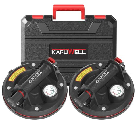 KAFUWELL 2x Ventosa per Piastrelle con Manometro, Ventose per Vetro, Carico Max. 200 Kg/Unità, Ventose Professionali a Vuoto per Vetro, Piastrelle, Marmo, Mobili, Ø200 mm con Cassetta Attrezzi