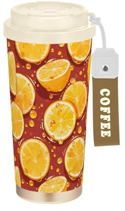 linqin Vasos de café de viaje de color borgoña limón con tapa, taza aislada de acero inoxidable para coche, para bebidas frías y calientes, 17 onzas, a prueba de fugas