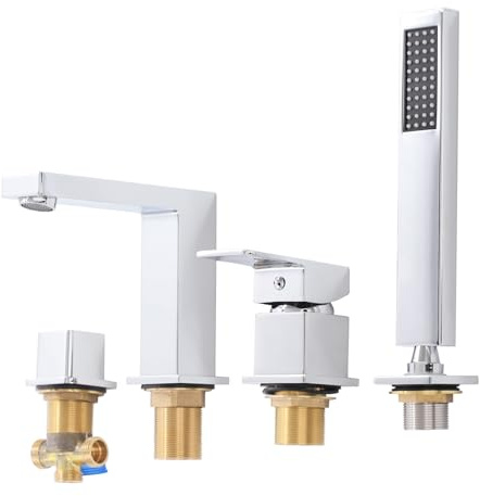 Wannenrandarmatur 4-Loch Set, 4 Loch Badewannenarmatur mit Umschalter und Duschkopf, Badewannen-Armaturen-Set für Badezimmer, Toilette, Wohnung (Silber)